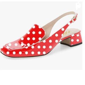 YDN Red Polka Dots Square Toe Block Low Heels Slingback Lady Pump